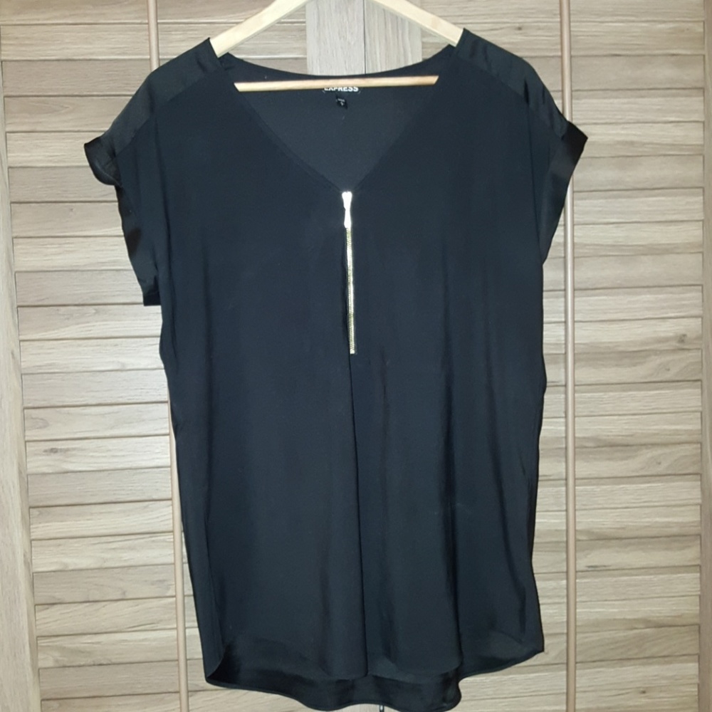 Express Silky Zip Front Rolled Sleeve Blouse